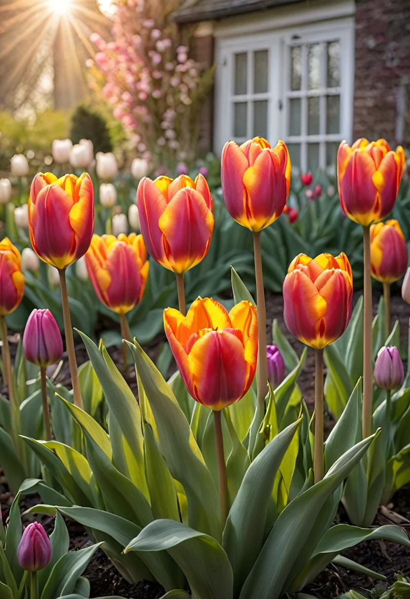 Illustration en gros plan d'une tulipe élégante et colorée, avec des détails fins mettant en valeur ses pétales délicats et ses feuilles. La tulipe est représentée dans un jardin printanier, avec d'autres fleurs et verdure en arrière-plan, légèrement flou pour créer un effet bokeh. Les couleurs de la tulipe sont vives et contrastées, avec des teintes de rouge, rose, jaune ou violet. La lumière douce du matin éclaire la scène, ajoutant une ambiance naturelle et paisible. (Qualité ultra:1.3), chef-d'œuvre, très détaillé, HDR, 8K, art numérique, (Clair-obscur:1.5), lumière naturelle, thème floral, couleurs vibrantes.