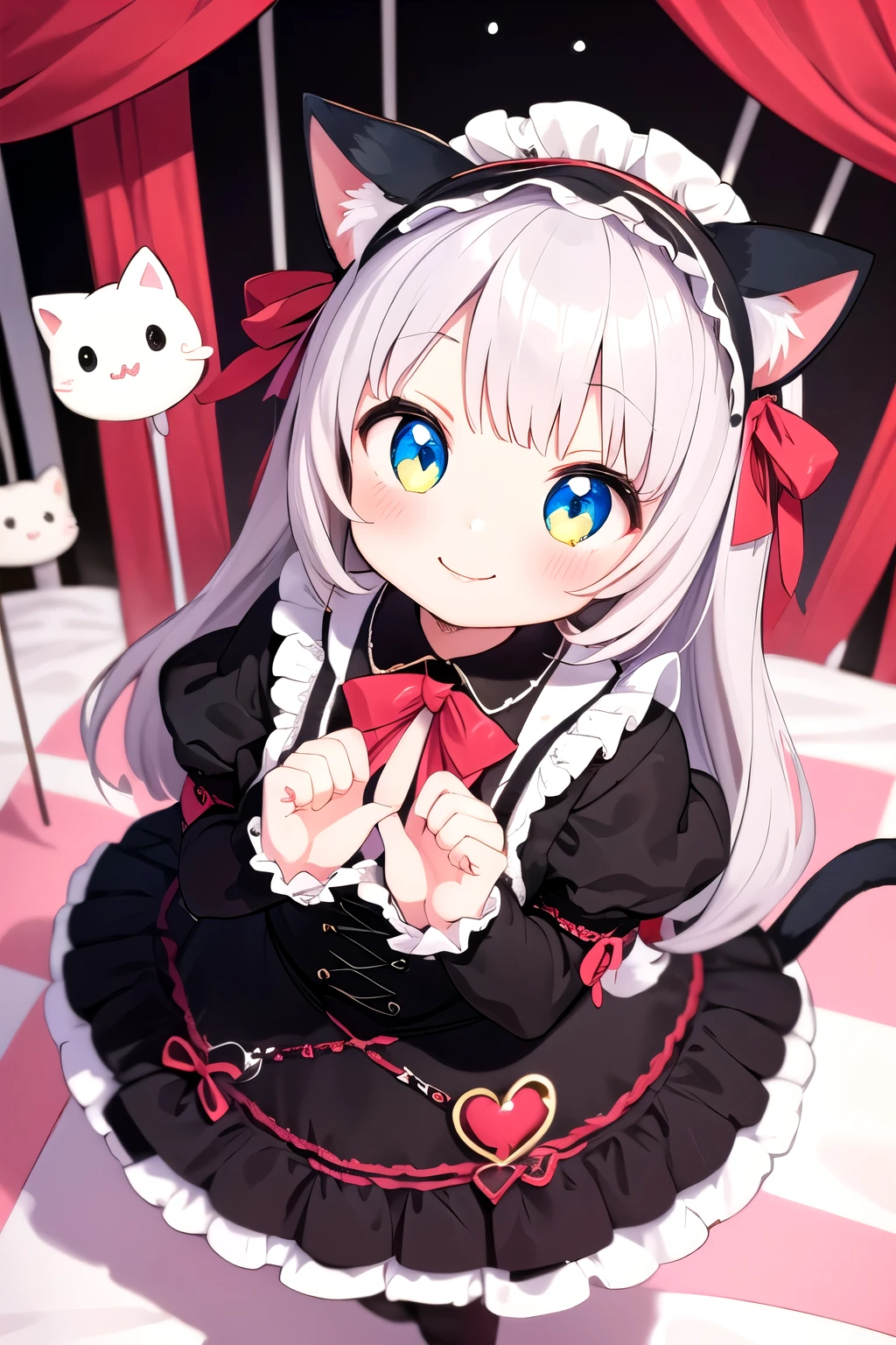 One girl,Cat girl,Animal ears,tail,Embrace the viewer and look up,A big smile,Your eyes are sparkling,Gothic Lolita,Lots of frills,Colorful cute room,Heart Items,Lots of ribbons,Are standing,whole body,Hearts are flying everywhere