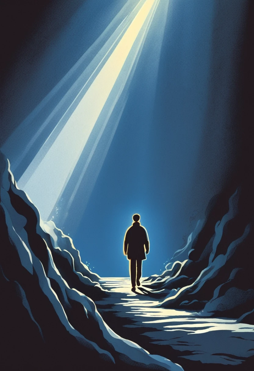 illustration of a person walking in a dark room towards a bright light. describes someone who is depressed and looking for hope.