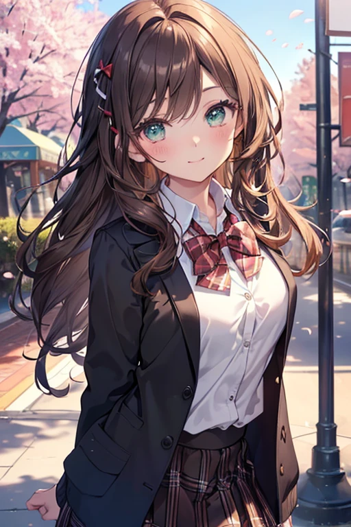 ((masterpiece, highest quality, High resolution, UHD, perfect pixel, Depth of bounds written, 4K, rtx, HDR))), 1 girl, single, alone, beautiful anime girl, beautiful art style, anime character, ((long hair, bangs, dark brown hair, curly hair:0.4, Simple hairpin)), ((green eyes:1.4, round eyes, beautiful eyelashes, realistic eyes)), ((detailed face, blush:1.2)), ((smooth texture:0.75, realistic texture:0.65, realistic:1.1, Anime CG style)), medium breasts, ((dynamic angle, throw, close)), perfect body, ((red bow tie, school uniform, black jacket, open jacket, Brown cardigan, white shirt, black skirt, plaid skirt)), smile, amusement park, put your hands behind your back, leaning forward, cherry blossoms
