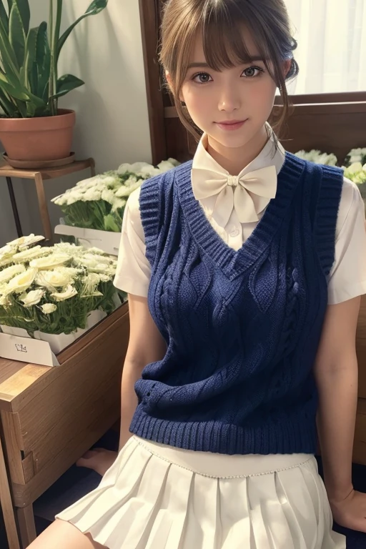 (masterpiece:1.2, Highest quality), (Realistic, photoRealistic:1.4), Beautiful illustrations, (Natural Side Lighting, Cinema Lighting), Written boundary depth, Looking at the audience, Front view, 1 girl, English, kimono, 20-year-old, Perfect Face, Symmetrical cute face, Glowing Skin, Leg spread, (Bob Hair:1.7,blonde), Asymmetrical bangs, Big eyes, Droopy eyes, long eyelashes chest), thin, Beautiful Hair, Beautiful Face, Beautiful and beautiful eyes, Beautiful clavicle, Beautiful body, Beautiful breasts, Beautiful thighs, Beautiful legs, Beautiful fingers, ((Quality fabric texture, Brown knitted vest, Short sleeve white collar shirt, Navy Pleated Skirt, Navy bow tie)), (Beautiful views), evening, (Inside the flower shop), Are standing, (smile, Superior, Open your mouth), (((Skirt Lift, White panties, Genitals are visible))), Full Body Shot, Dark blue socks, Sexy Face,