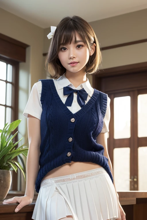 (masterpiece:1.2, Highest quality), (Realistic, photoRealistic:1.4), Beautiful illustrations, (Natural Side Lighting, Cinema Lighting), Written boundary depth, Looking at the audience, Front view, 1 girl, English, kimono, 20-year-old, Perfect Face, Symmetrical cute face, Glowing Skin, Leg spread, (Bob Hair:1.7,blonde), Asymmetrical bangs, Big eyes, Droopy eyes, long eyelashes chest), thin, Beautiful Hair, Beautiful Face, Beautiful and beautiful eyes, Beautiful clavicle, Beautiful body, Beautiful breasts, Beautiful thighs, Beautiful legs, Beautiful fingers, ((Quality fabric texture, Brown knitted vest, Short sleeve white collar shirt, Navy Pleated Skirt, Navy bow tie)), (Beautiful views), evening, (Inside the flower shop), Are standing, (smile, Superior, Open your mouth), (((Skirt Lift, White panties, Genitals are visible))), Full Body Shot, Dark blue socks, Sexy Face,