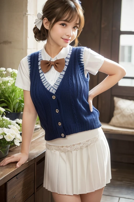 (masterpiece:1.2, Highest quality), (Realistic, photoRealistic:1.4), Beautiful illustrations, (Natural Side Lighting, Cinema Lighting), Written boundary depth, Looking at the audience, Front view, 1 girl, English, kimono, 20-year-old, Perfect Face, Symmetrical cute face, Glowing Skin, Leg spread, (Bob Hair:1.7,blonde), Asymmetrical bangs, Big eyes, Droopy eyes, long eyelashes chest), thin, Beautiful Hair, Beautiful Face, Beautiful and beautiful eyes, Beautiful clavicle, Beautiful body, Beautiful breasts, Beautiful thighs, Beautiful legs, Beautiful fingers, ((Quality fabric texture, Brown knitted vest, Short sleeve white collar shirt, Navy Pleated Skirt, Navy bow tie)), (Beautiful views), evening, (Inside the flower shop), Are standing, (smile, Superior, Open your mouth), (((Skirt Lift, White panties, Genitals are visible))), Full Body Shot, Dark blue socks, Sexy Face,