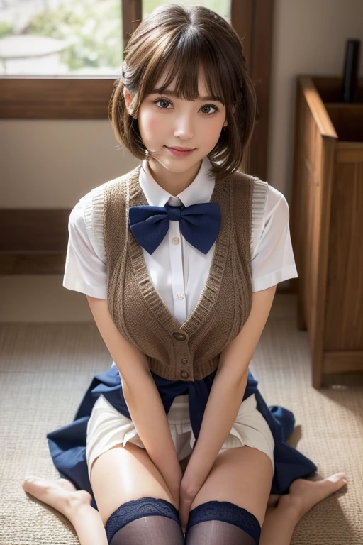 (masterpiece:1.2, Highest quality), (Realistic, photoRealistic:1.4), Beautiful illustrations, (Natural Side Lighting, Cinema Lighting), Written boundary depth, Looking at the audience, Front view, 1 girl, English, kimono, 20-year-old, Perfect Face, Symmetrical cute face, Glowing Skin, Leg spread, (Bob Hair:1.7,blonde), Asymmetrical bangs, Big eyes, Droopy eyes, long eyelashes chest), thin, Beautiful Hair, Beautiful Face, Beautiful and beautiful eyes, Beautiful clavicle, Beautiful body, Beautiful breasts, Beautiful thighs, Beautiful legs, Beautiful fingers, ((Quality fabric texture, Brown knitted vest, Short sleeve white collar shirt, Navy Pleated Skirt, Navy bow tie)), (Beautiful views), evening, (Inside the flower shop), Are standing, (smile, Superior, Open your mouth), (((Skirt Lift, White panties, Genitals are visible))), Full Body Shot, Dark blue socks, Sexy Face,