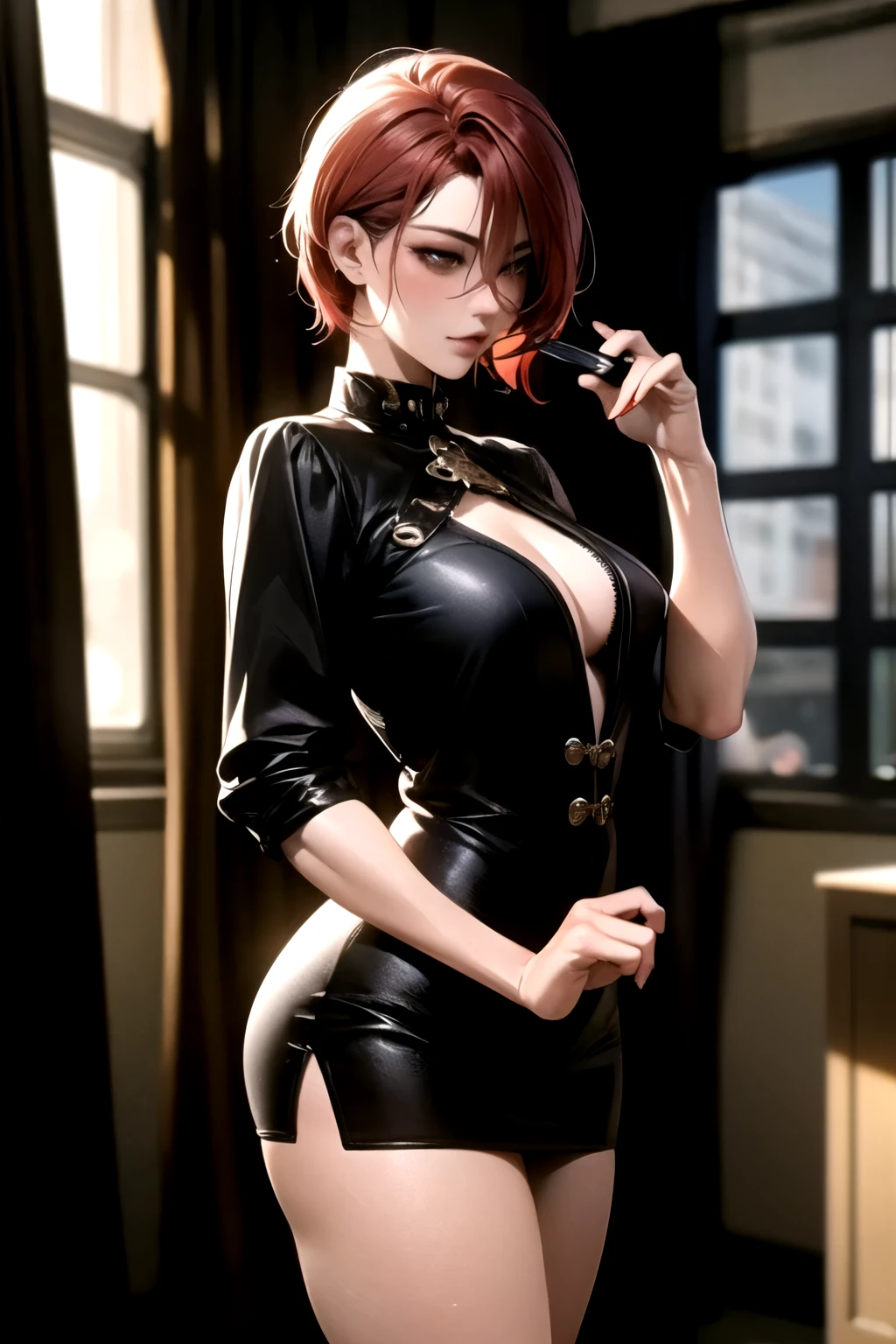 ((best quality)), ((Masterpiece)), (details:1.4), 3d,, HDR (high dynamic range), mature woman, เหมือนจริง, Curtain Bangs, Red hair, White eyes, PBR surface, After processing, Anisotropic filtration,depth of field, Maximum clarity and clarity, multi-layered surface, perfect proportions, 8K raw files, at night, ผมหลายชั้น, Short skirt, retrato masculino steampunk, ตำรวจหญิงดีเซลพังก์, หญิงสาวในชุดสูท, เสื้อผ้าแฟชั่นที่ซับซ้อน, ทหารหญิงแสนสวย