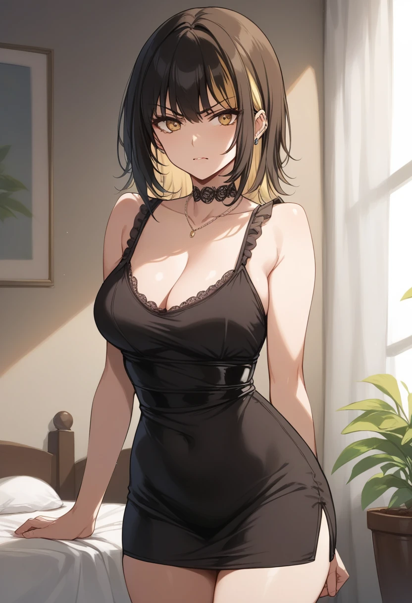 {{{{masterpiece}}}}, nsfw, BLACK Tank dress, cleavage, standing, ikaruga_luca, Bedroom, angry,