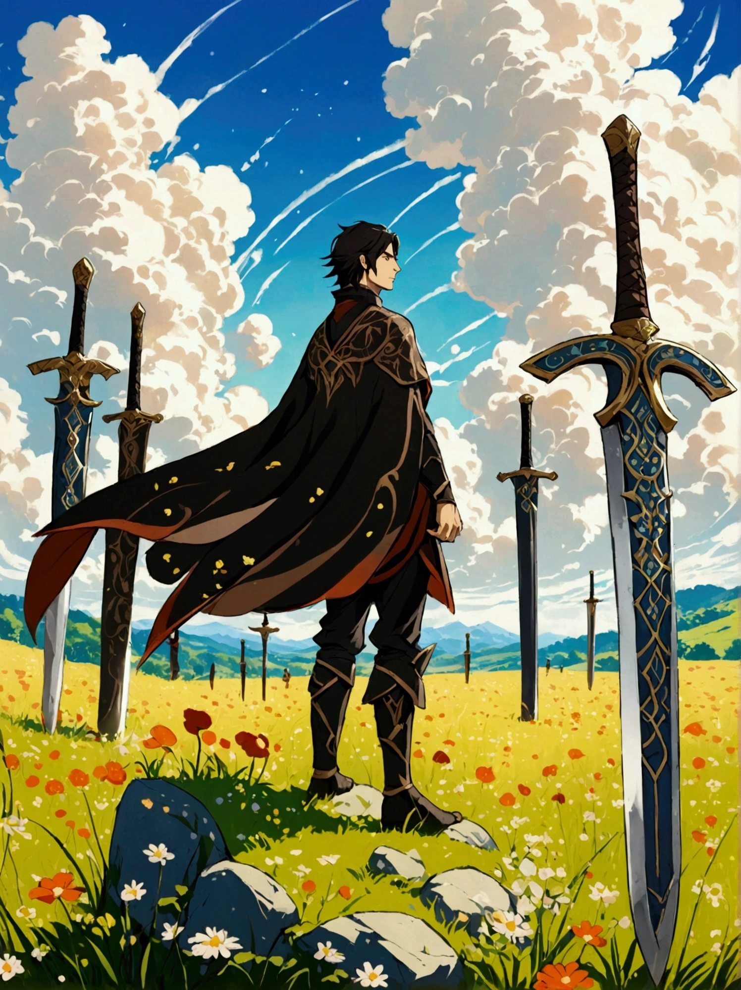 A standing figure of a male character resembling a sorcerer from a popular animated fantasy series, dressed in simplistic battle attire, located in a sword-infused meadow. The art style should mimic traditional Japanese animation, with strong outlines and vivid colors resonant of original animated series. The viewer's perspective should be from a low viewpoint to present the magnitude of the meadow and accentuate the swords around the character. The atmosphere should hint towards the fantastical, accentuating the magical components and epic demeanor of the scenario.