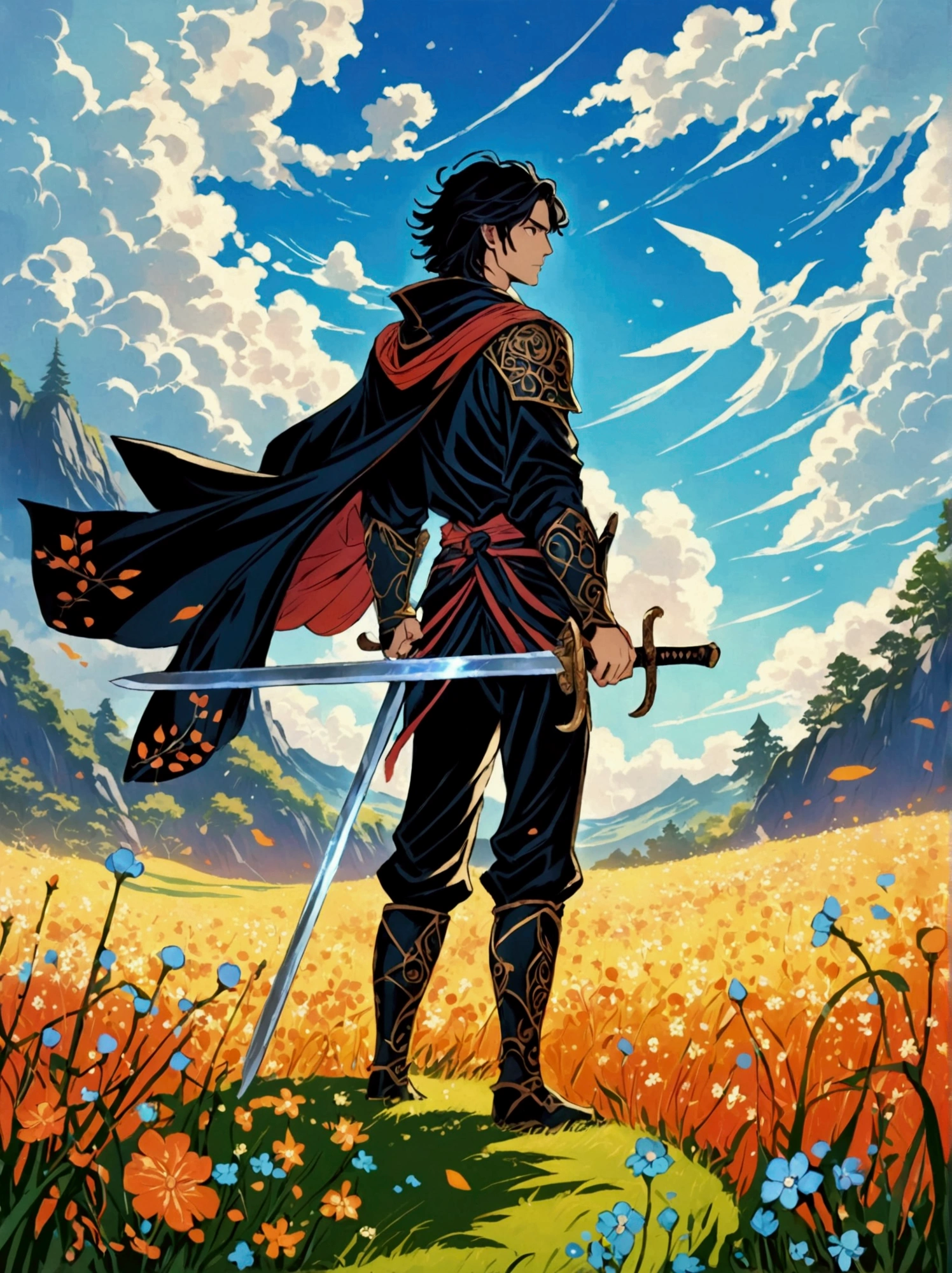 A standing figure of a male character resembling a sorcerer from a popular animated fantasy series, dressed in simplistic battle attire, located in a sword-infused meadow. The art style should mimic traditional Japanese animation, with strong outlines and vivid colors resonant of original animated series. The viewer's perspective should be from a low viewpoint to present the magnitude of the meadow and accentuate the swords around the character. The atmosphere should hint towards the fantastical, accentuating the magical components and epic demeanor of the scenario.