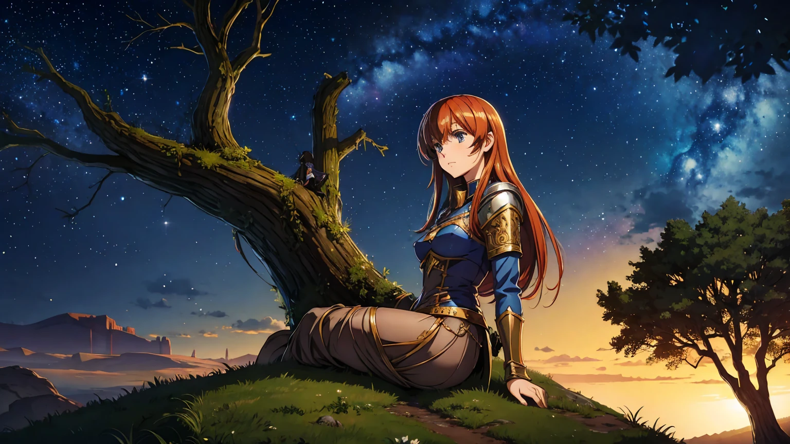 night　One person　Medieval fantasy world　Adventurer　　rest　woman　lean on a tree　Starry Sky