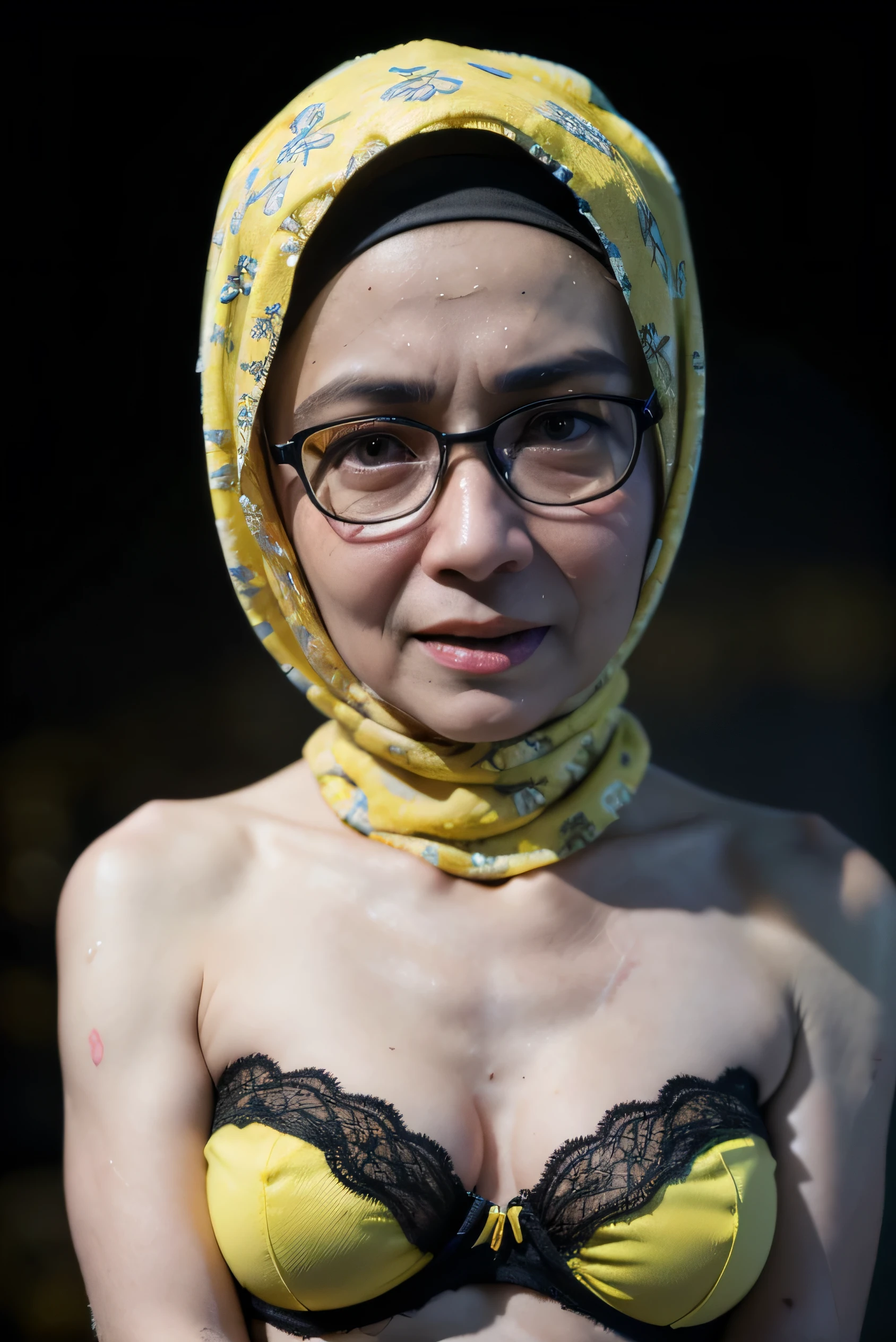 Spectacles, ((Old body lady:1.2)), ((Old lady:1.7)), (screaming pain face expression:1.3), (((WRAPPING HIJAB STYLE MALAY GIRL))), masutepiece, High quality, UHD 32K, Realistic face, Realistic skin feeling , A Japanese Lady, 58 years old matured lady, , Very cute and baby-like face,(Night time at forest), ((look In front at the camera and SADNESS)), (((CUTE GIRL))), ((DARK YELLOW FLUORESCENT LIPS)), ((Floral Lace Pattern)) little ((wearing strapless bra)), strapless colorful bra, dark night background , black forest night, horror scary place, (from behind up) seductive pose, Heavy Nipples, ((YELLOW BACKGROUND))