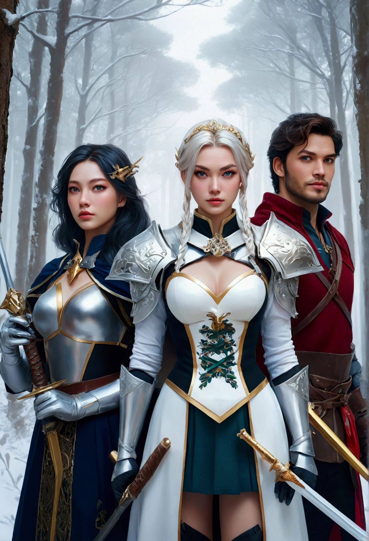 hyperdetailed faces, realistic eyes, two beautiful women and a handsome boy wearing high class court costumes with full medieval weapons standing in a snowy forest, artgerm and wlop, artgerm style, colorful forest, surreal face, masterpiece, wlop and artgerm, artgerm style, detailed artgerm, artgerm and ben lo, extremely detailed artgerm, artgerm and rossdraws, ultra sharp, UHD, 18K