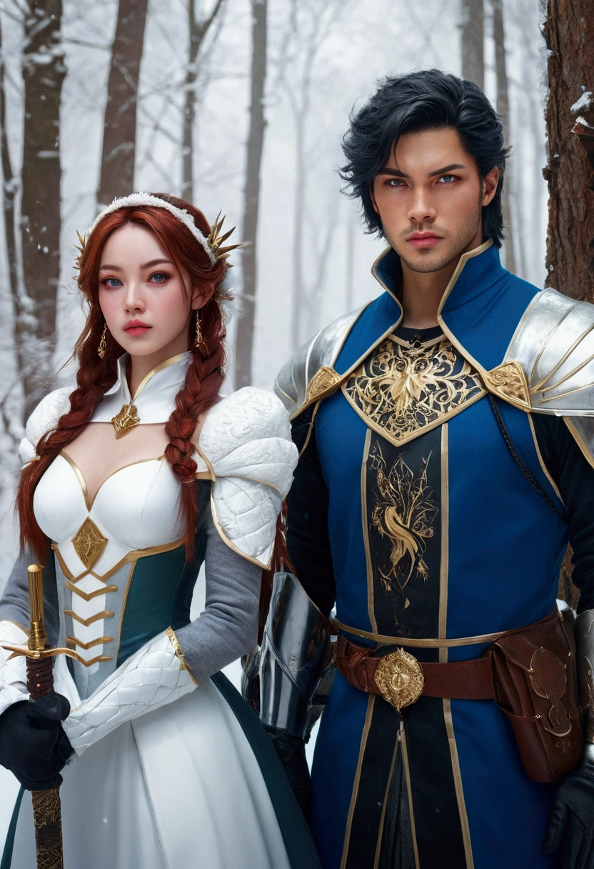 hyperdetailed faces, realistic eyes, two beautiful women and a handsome boy wearing high class court costumes with full medieval weapons standing in a snowy forest, artgerm and wlop, artgerm style, colorful forest, surreal face, masterpiece, wlop and artgerm, artgerm style, detailed artgerm, artgerm and ben lo, extremely detailed artgerm, artgerm and rossdraws, ultra sharp, UHD, 18K