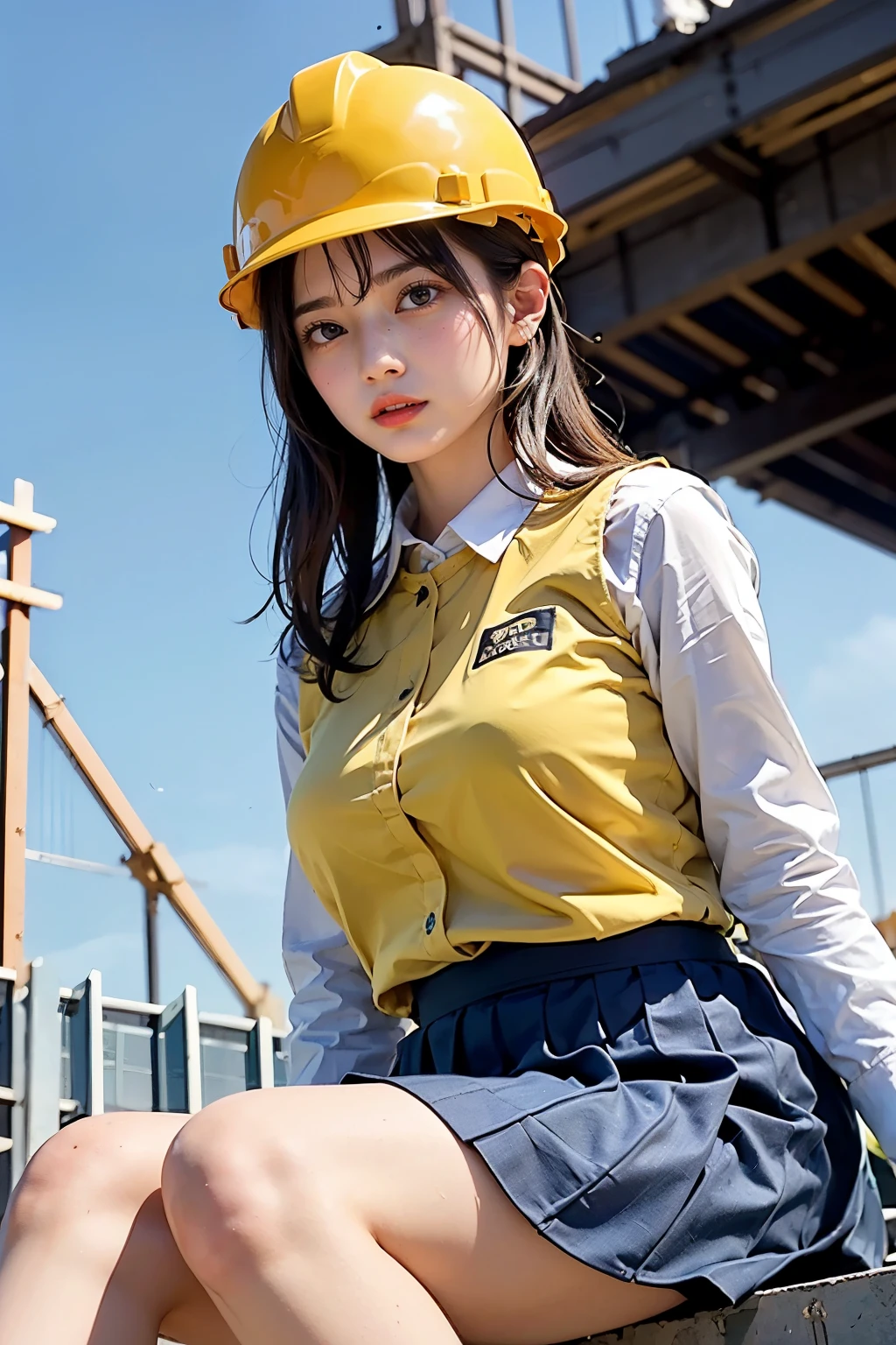 Masterpiece, bokeh, (Beautiful face), (Detailed face), (Japanese idle), (School uniform:1.3), (Pleated skirt:1.3), (Blushed face:1.3), (Plump breast:1.2), (Sitting on Steel bridge in construction site:1.5), (Yellow helmet:1.3), (From below:1.5), 