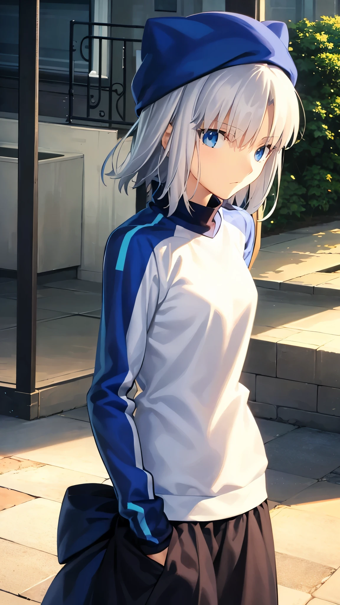 Highest quality、masterpiece、One girl、15 years old、Short silver hair、Blue eyes、Cat print knit hat、Gym suit、Beautiful and mysterious、Enigmatic look、Laugh fearlessly、Stand in front、No background