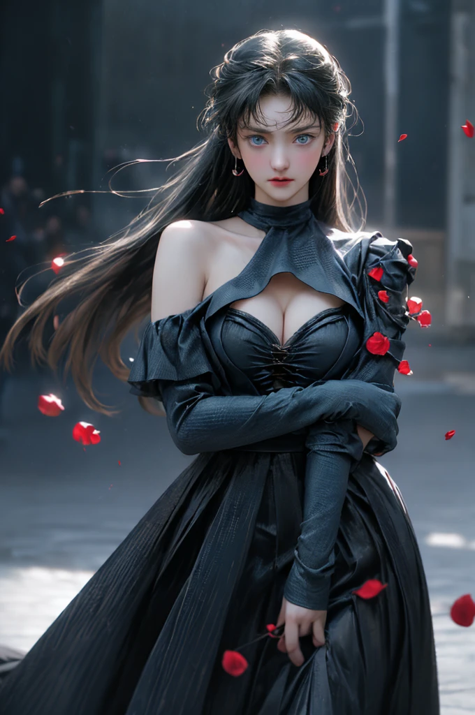 (Girl in a semi-transparent one-shoulder black miniskirt dress）, (photo realistic:1.4), (hyper realistic:1.4), (realistic:1.3), (smoother lighting:1.05), (increase cinematic lighting quality:0.9),. 32K, 1girl,20yo girl, realistic lighting, backlight, light on face, ray trace, (brightening light:1. 2), (increase image quality:1.4), (highest quality realistic textured skin:1. 4),(Big Blue Eyes)、Detailed drawn eyes、Detailed painted face、Fine textured eyes、(tired、sleepy、satisfaction:0.0)、Close-up of face、A shirt that shows off a lot of cleavage、(Accentuates the body line:1.1)、(Beautiful textured skin:1.1)、、(Red petals are flying)、accent

