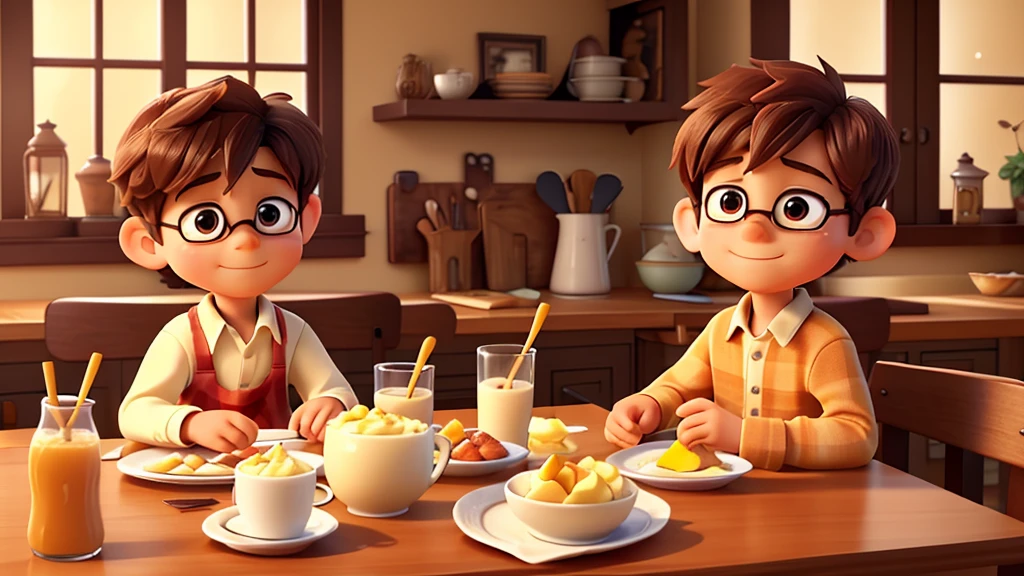 Create an image of a breakfast table loaded with food, featuring pancakes with syrup, scrambled eggs, crispy bacon, and a tall glass of milk. A little boy, Oliver, is seated at the table with wide eyes, eagerly reaching for the food. The setting is a cozy kitchen with morning sunlight streaming in through the window."