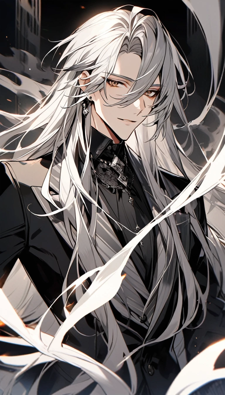 Handsome, solo, 1 male, long hair, white hair with smoke gray hair tips, brown eyes, black shirt, black and white suit
