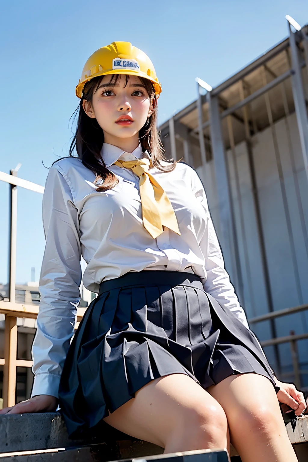 Masterpiece, bokeh, (Beautiful face), (Detailed face), (Japanese idle), (uniform:1.3), (Dark blue Pleated skirt:1.3), (Blushed face:1.3), (Plump breast:1.2), (Dynamic pose on Steel bridge in construction site:1.5), (Yellow helmet:1.3), (From below:1.5), (solo play:1.3)