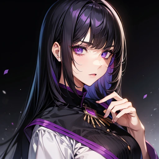 a very beautiful lady, purple eyes and long hime haircut black hair, by the wide, with a serious look, mafia costume, a human, Modern age, Upper part of the body.