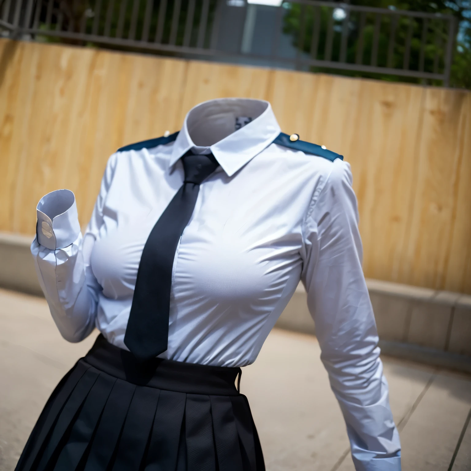 (invisible, no humans, headless, handless, faceless:1.5),cute big breasts, dynamic angle, arched back, arched chest, white shirt, pleated skirt, striped necktie, collared shirt, black jacket, black skirt, long sleeves, school uniform, black socks, sarashina ruka, (close-up to breasts:1.5), best quality, high resolution, (8k, RAW photo, best quality, masterpiece:1.2), (realistic, photo-realistic:1.37), photon mapping, radiosity, ((Hasselblad photography)), physically-based rendering