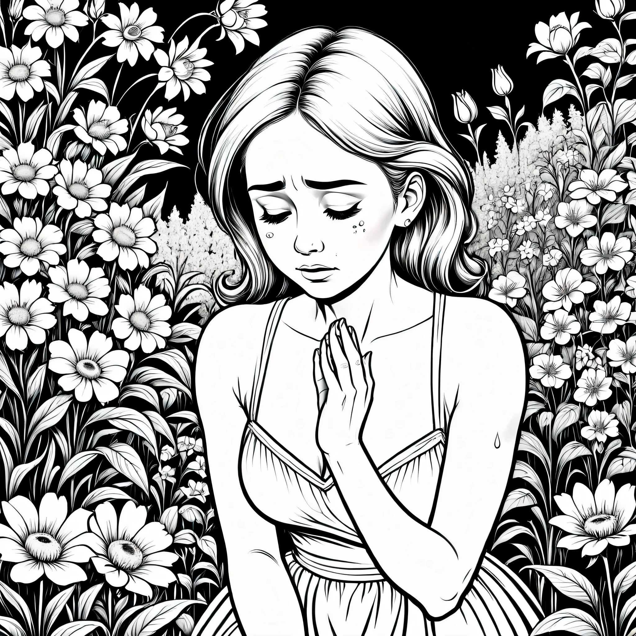 Clean black and white coloring book page of lady sad and crying in beautiful garden picking flowers, black and white, outlines only,  line art, vector, black background