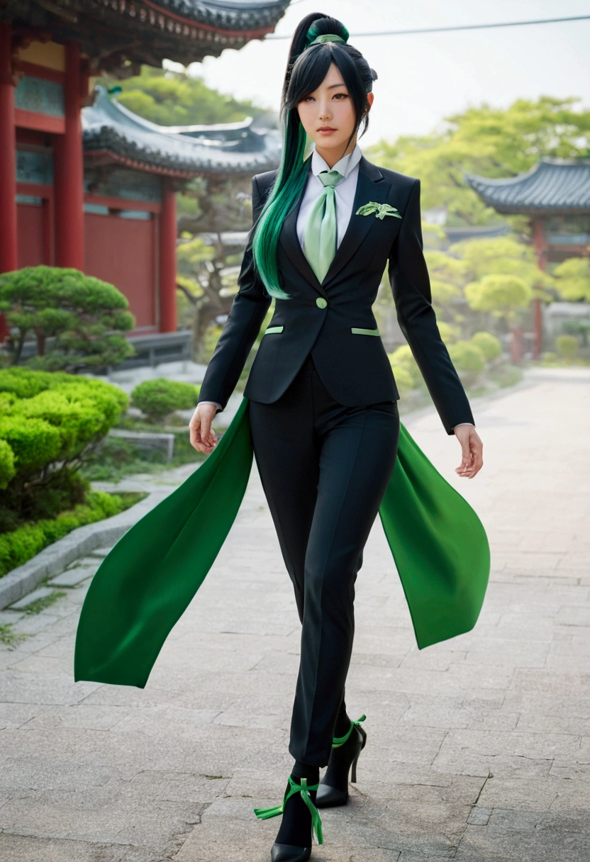 Xianyun (of the game: genshin impact), 1 woman, sideways walking through liyue, wearing his suit mixed between black and green revealing tight fitting elegant, Whole body (curved), long hair tied in a black and green ponytail, 