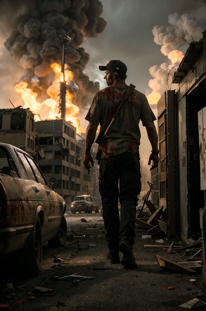 "A man holding a blood-stained baseball bat slowly walks forward. Four zombies are breaking through windows, ready to attack him. The atmosphere is tense with dark smoke rising from a nearby explosion, abandoned cars lining the street, and the surrounding buildings showing signs of destruction and decay."