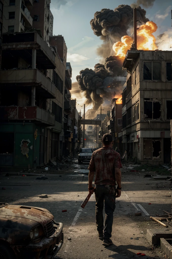 "A man holding a blood-stained baseball bat slowly walks forward. Four zombies are breaking through windows, ready to attack him. The atmosphere is tense with dark smoke rising from a nearby explosion, abandoned cars lining the street, and the surrounding buildings showing signs of destruction and decay."