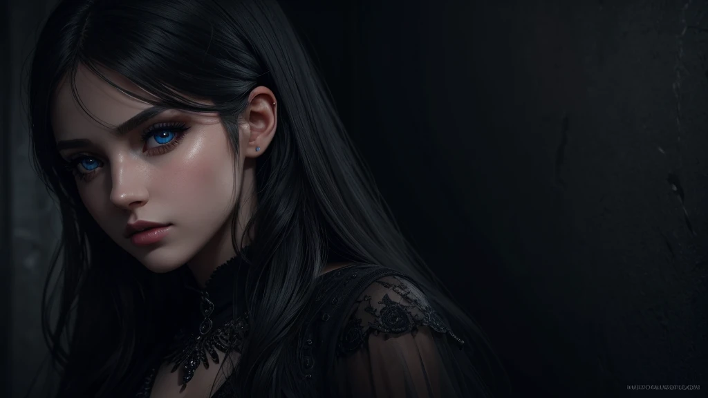 a girl in a black dress, detailed face, beautiful eyes, beautiful lips, long eyelashes, high-quality, 8k, ultra-detailed, realistic, photorealistic, vivid colors, dramatic lighting, fantasy, dark and moody, cinematic, portrait