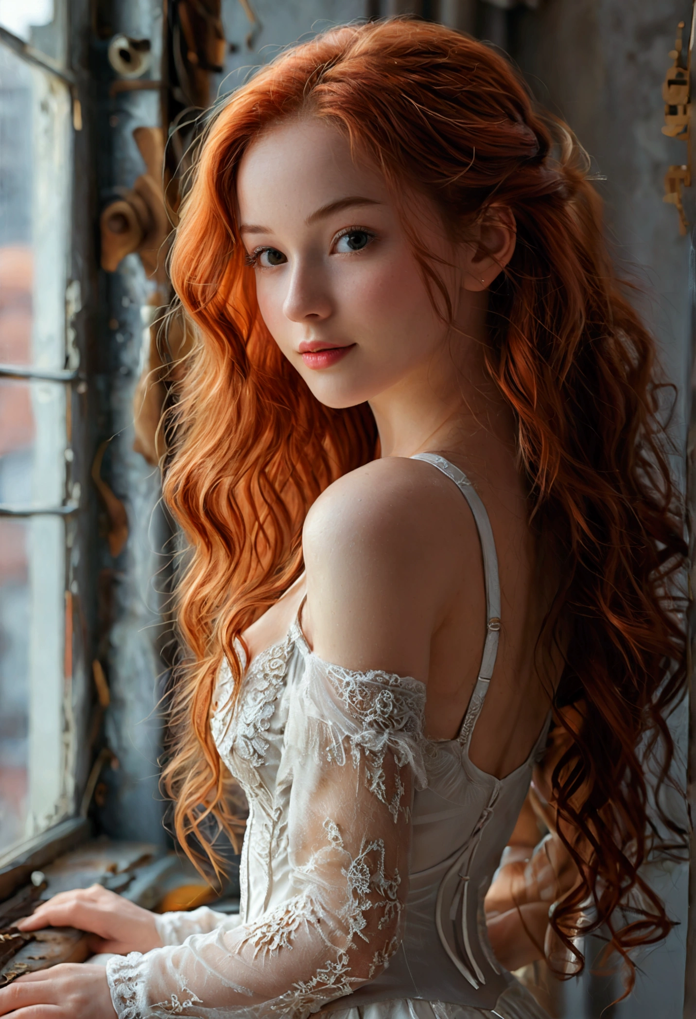 (full body shot:1) photorealistic image of a (standing pose:1) woman, ultrarealistic, photography, long red hair, woman, 24 years old, hourglass figure, perfect body, Flirty look, natural medium breasts, blur background, (RAW Photos:1.2), (photoGenuineistic), ( Genuine: 1.4), (Pieces fly), Highest quality, Ultra-high resolution, Original photo, Amazing beautiful body, Great beauty、A shy smile、Soft Light, ballet leotard practice)、(Wearing white tights、Real tights)、Ballet Lessons、Standing by the window、A shy smile、RAW Photos, (8K、Highest quality、masterpiece:1.2)、(Intricate details:1.4)、(Photorealistic:1.4)、Octane Rendering、Highly detailed and intricate 3D rendering, Soft Light in the studio, Rim Light, Crisp details, Super detailed, Realistic skin texture, Detailed aspect, Beautiful attention to detail, Highly detailed CG Unity 16k wallpaper, Compensate, (Detailed Background:1.2), Shiny skin、looking back, full body, full body picture, full body shot, wide angle, wide angle picture, wide angle shot