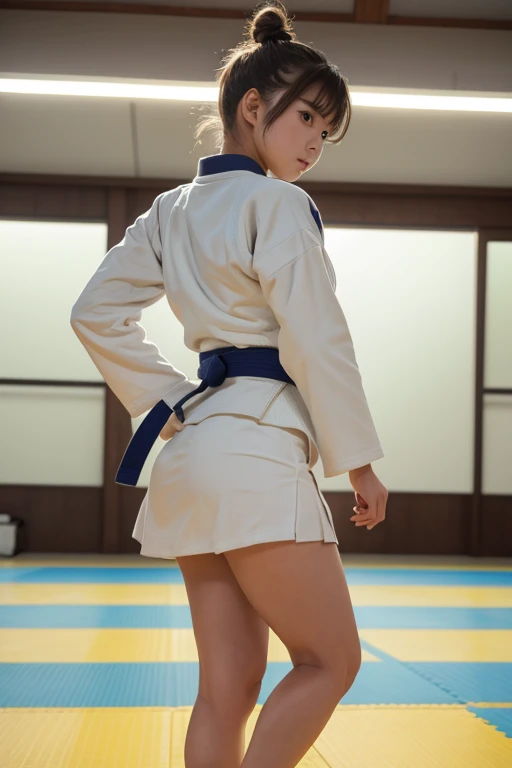 Miniskirt Judo Uniform、Beautiful female judoka、Brown updo hairstyle、((whole body))、(((Photo taken from below)))、dojo