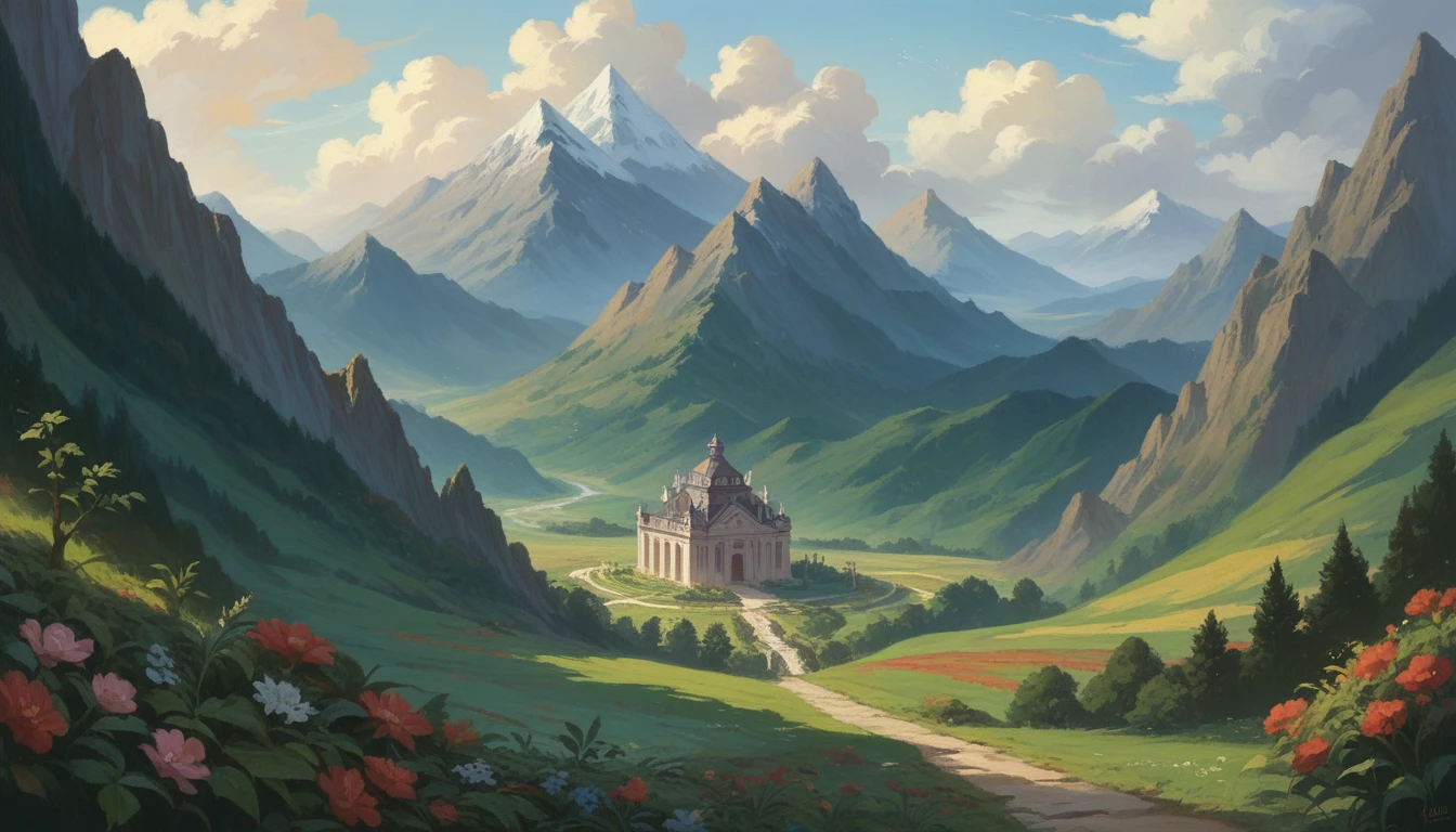 A decaying mansion in the mountains, surrounded by overgrown gardens.