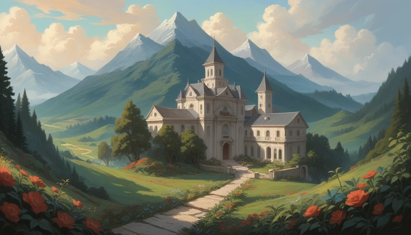 A decaying mansion in the mountains, surrounded by overgrown gardens.