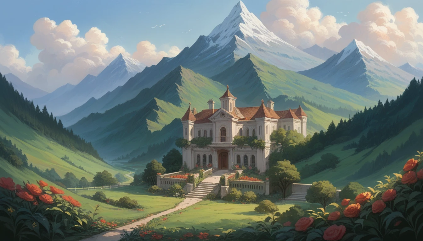 A decaying mansion in the mountains, surrounded by overgrown gardens.