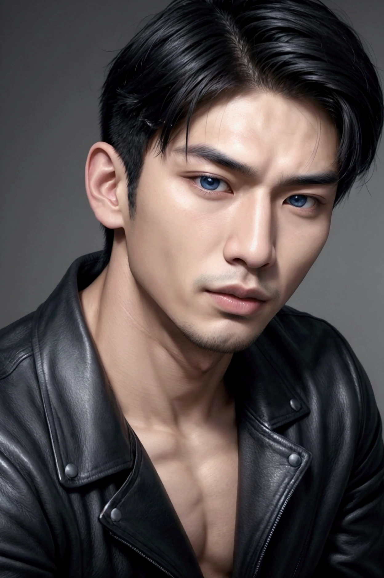 ((face portrait)), close-up photo, ((more focus on face)),((pose of superiority)), ((powerful man)), very luxurious in the image, highly detailed image. ((A man)), 20 year old boy, young appearance, perfect masculine appearance, detailed face, light blue eyes, seductive look, defined jawline, Serious countenance, marked nose, marked jaw, handsome face, young male face. Black hair, detailed hair, men's haircut. Perfect male body, broad shoulders, chest Toned, defined abs, toned body. Wearing a leather jacket with Spikes, leather jacket, black leather pants, goth look. Face with Korean features, slanted eyes, Asian appearance, Asian facial features, Striking a masculine pose, looking fixedly at the viewer, Asian features, Asian man, masculine, ((young face)), appearance of a young Asian man, highly detailed image, best quality, lots of details on the face, ((Asian male face)), ((detailed face)), ((marked nose)), ((marked jaw)), ((extremely attractive man)). Young Korean, young man.