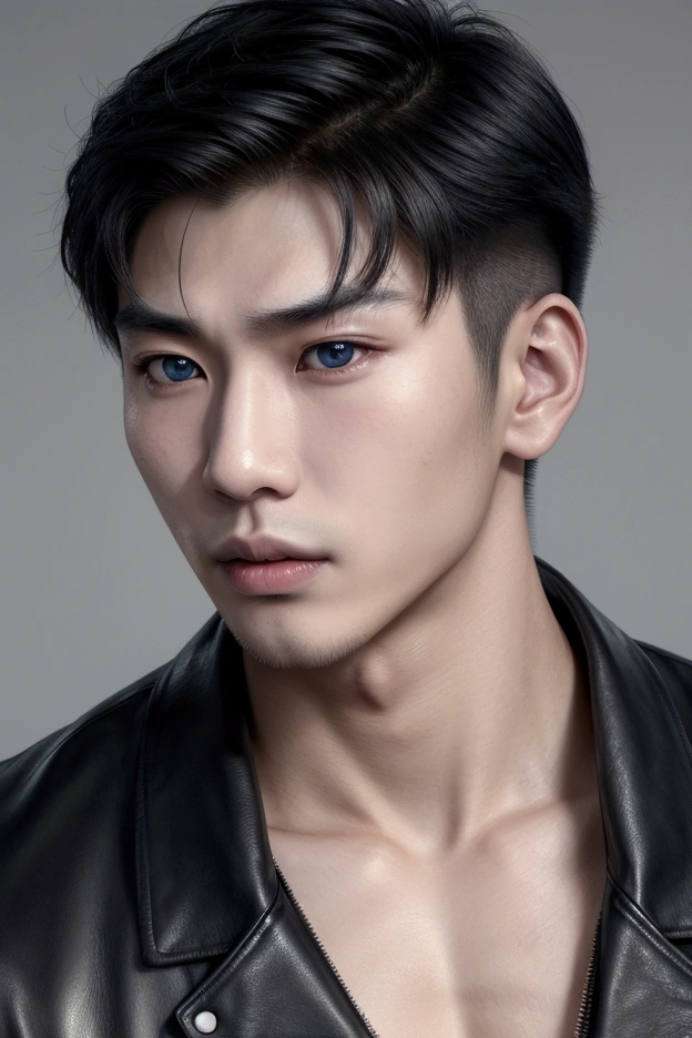 ((face portrait)), close-up photo, ((more focus on face)),((pose of superiority)), ((powerful man)), very luxurious in the image, highly detailed image. ((A man)), 20 year old boy, young appearance, perfect masculine appearance, detailed face, light blue eyes, seductive look, defined jawline, Serious countenance, marked nose, marked jaw, handsome face, young male face. Black hair, detailed hair, men's haircut. Perfect male body, broad shoulders, chest Toned, defined abs, toned body. Wearing a leather jacket with Spikes, leather jacket, black leather pants, goth look. Face with Korean features, slanted eyes, Asian appearance, Asian facial features, Striking a masculine pose, looking fixedly at the viewer, Asian features, Asian man, masculine, ((young face)), appearance of a young Asian man, highly detailed image, best quality, lots of details on the face, ((Asian male face)), ((detailed face)), ((marked nose)), ((marked jaw)), ((extremely attractive man)). Young Korean, young man.