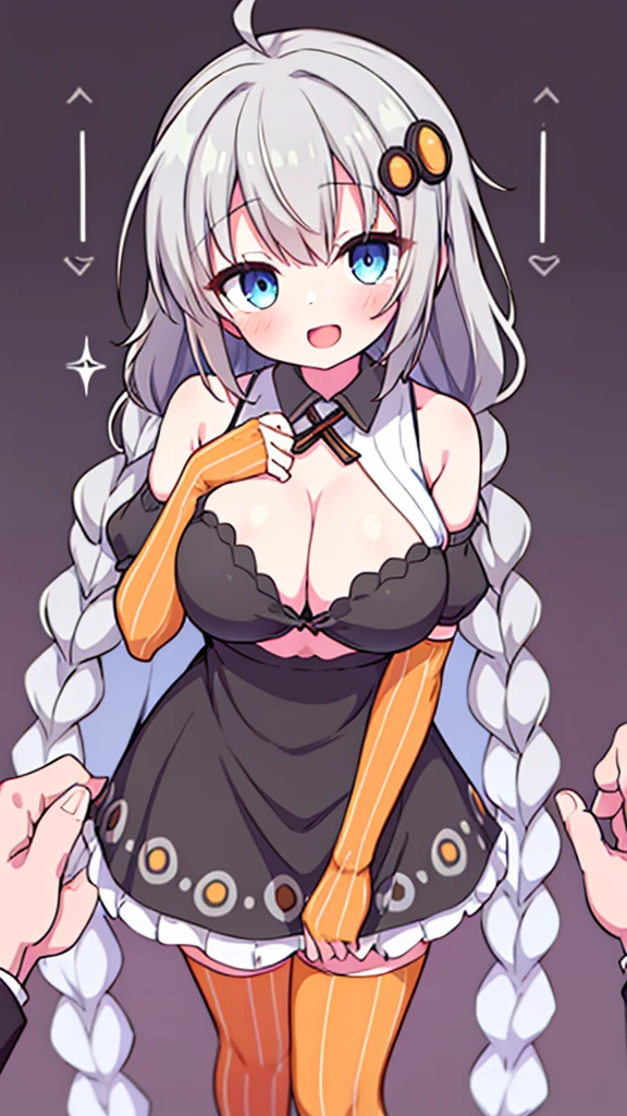 Kizuna Akari, 1girl, long hair, breasts, blush, smile, open mouth, bangs, Blue eyes, gloves, 1boy, braid, hetero, grey hair, detached sleeves, solo focus, elbow gloves, twin braids, paizuri, headset, breasts squeezed together, Orange gloves height refers to the height of the chest　high resolution