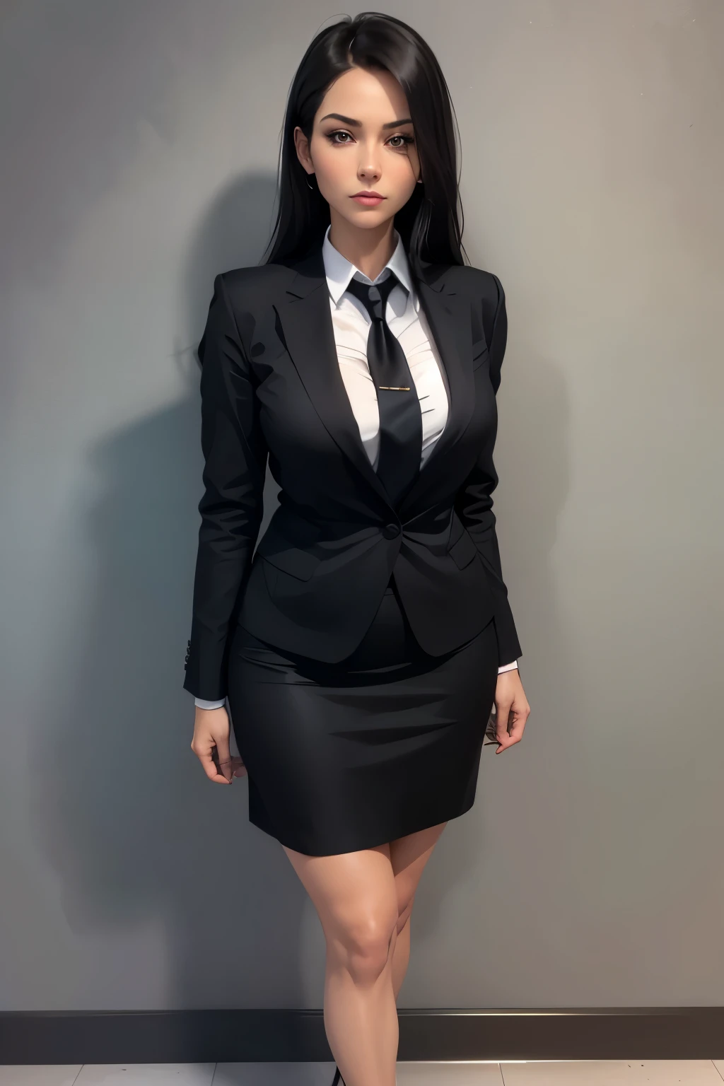 a stunning tall female corporation CEO, gloves, black blazer, tie, skirt, sexy, (relaxed pose), high quality, 8k, photorealistic, dramatic lighting, chiaroscuro, fashion photography, dramatic contrast, clean composition, luxurious aesthetic, powerful presence, confidence, elegance, poise