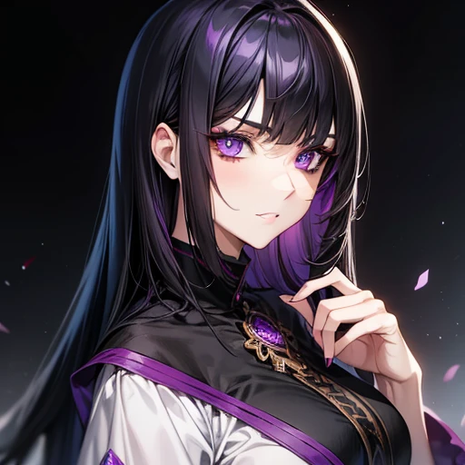 a very beautiful lady, purple eyes and long hime haircut black hair, by the wide, with a serious look, mafia costume, a human, Modern age, Upper part of the body.