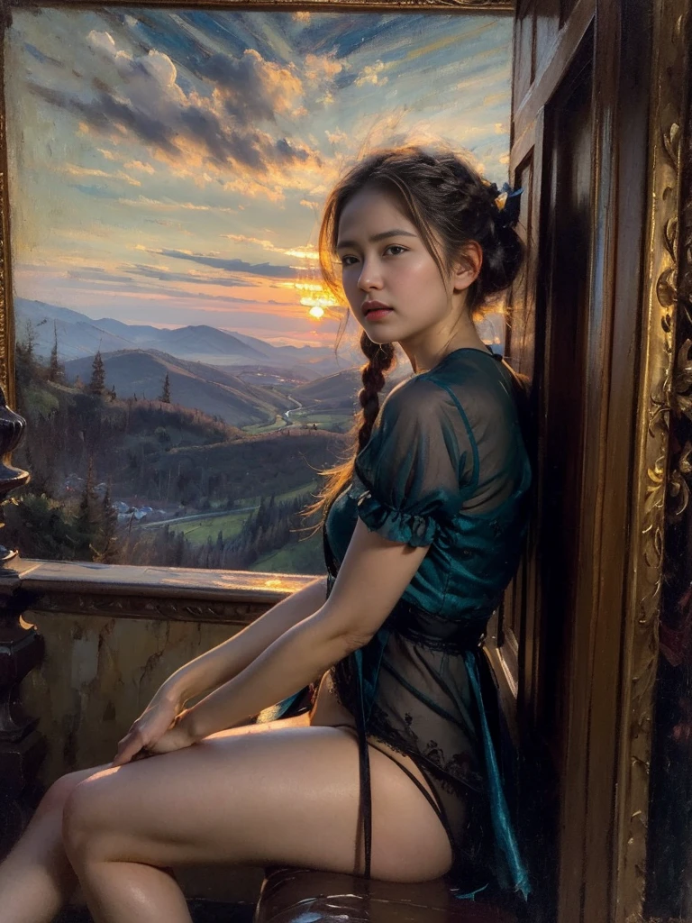 a woman, drooping eyes, ((styled old westerner oil painting)), outdoor, sunset sky, eyes realistic sizing, (round face), straddling bollard that is standing on the floor to hit her crotch, detailed panties, open legs, angle from side-below, braid, mountains,