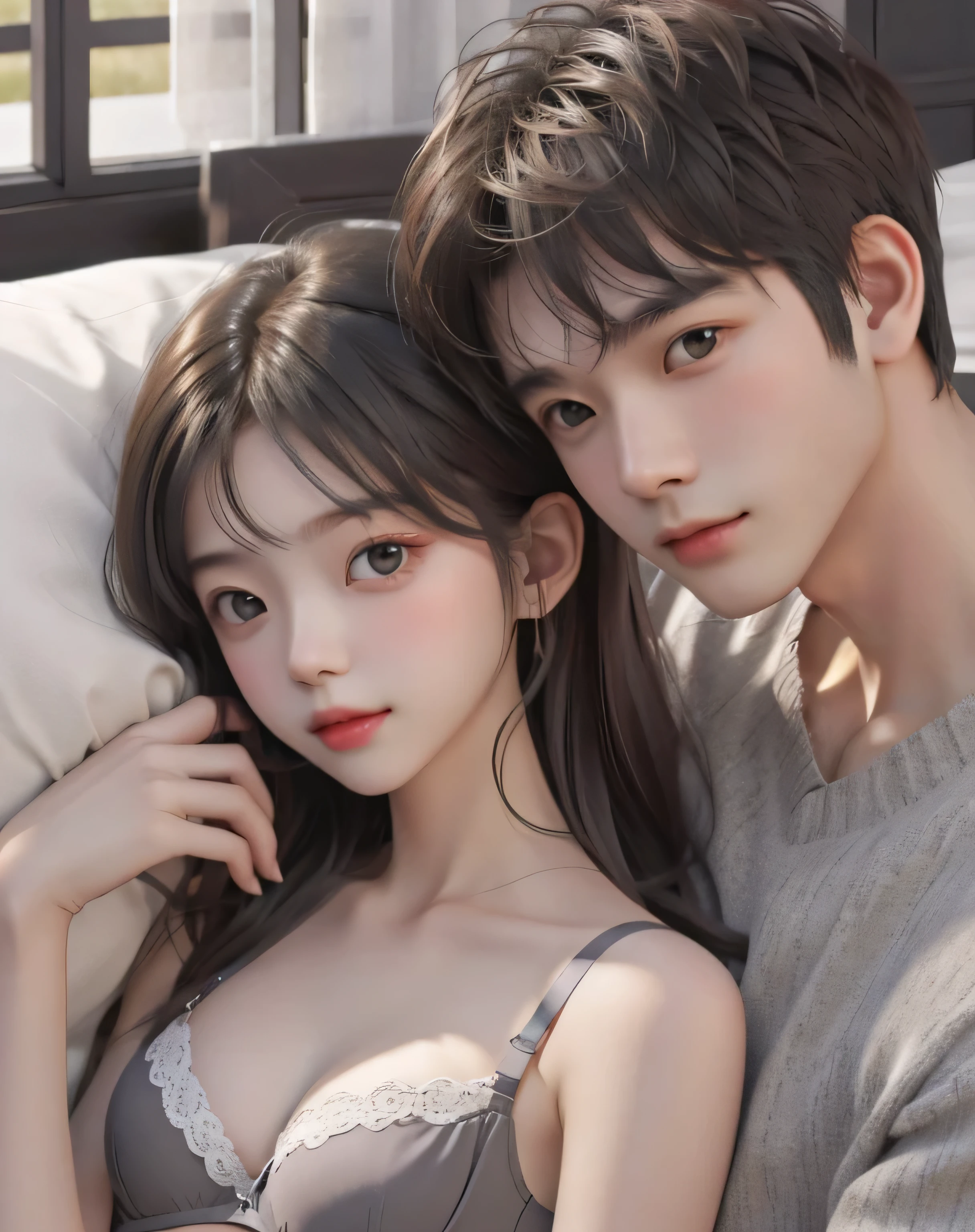 girl and boy, cuddle, boy cudding girl, Girl long brown hair, gray eyes, sharp features, white skin, cherry lips, bra