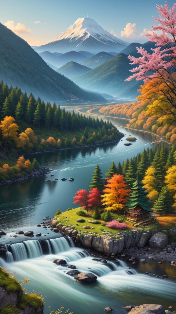 wallpaper,landscape,Fir Mountain,water,Traditional Gangnam,のどかなlandscape,(非常に詳細な CG Unity 8k wallpaper),The most beautiful works of art in the world,Complex,Attention to detail,Sharp focus,dramatic,Realistic Painting Art
