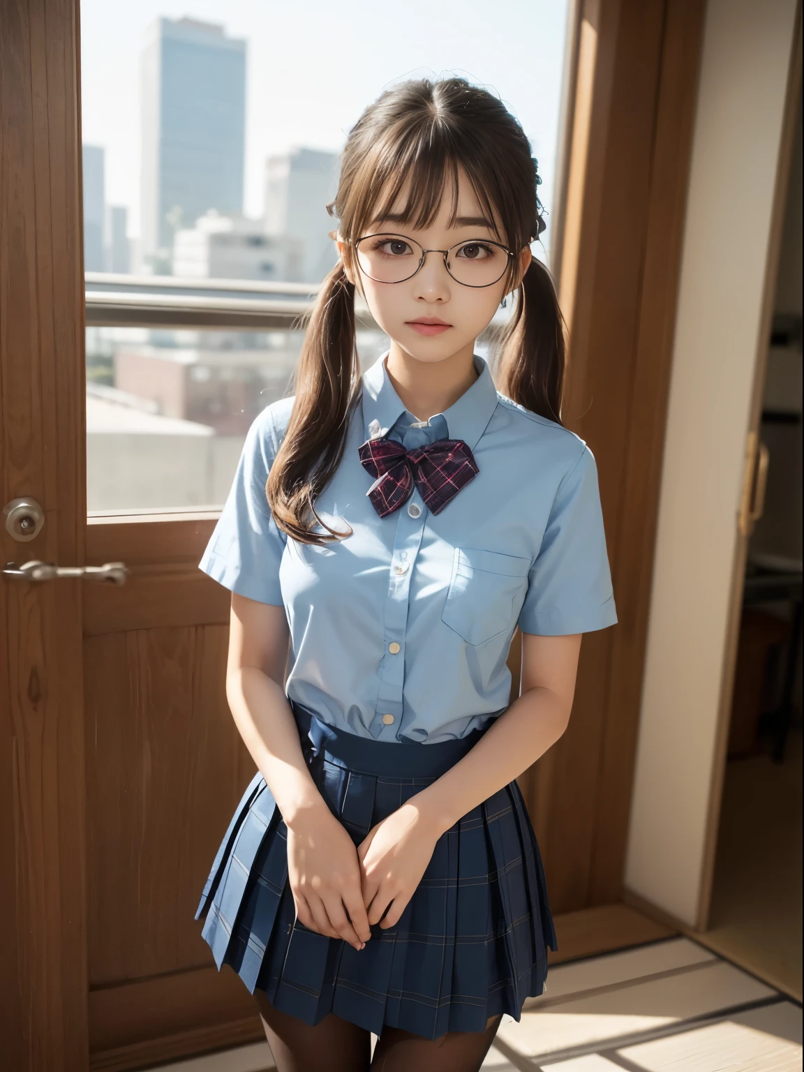 (8k、生photograph、Highest quality、masterpiece:1.2)、金hair、Twin tails、(Small eyes)、(Black Pantyhose)、((Small breasts)、(Small breasts)、(Small breasts)、(Cutting board)、(Cutting board))、((Half an eye))、((Sleepy eyes))、((Squint your eyes))、(Round Glasses)、One person、cute、JK、high school girl、Japanese women、Are standing、(PhotoReactive:1.37)、Photon Mapping、Real、(Very delicate face)、cute小さな顔、Brown eyes、(Red bow tie)、Radio City、Physically Based Rendering、Prospect、Character boundary depth、Blurred Background、photograph、girl、body、Beautiful feet、Long legs、Thin legs、(前hairが見える)、hair、lips、Blue_The目、Soft Nose、(Light blue shirt)、(Navy, blue and white plaid pleated skirt)、High school uniforms、See-through clothing、Thighs、black cotton socks、Nogizaka Idol、、Japan Ido