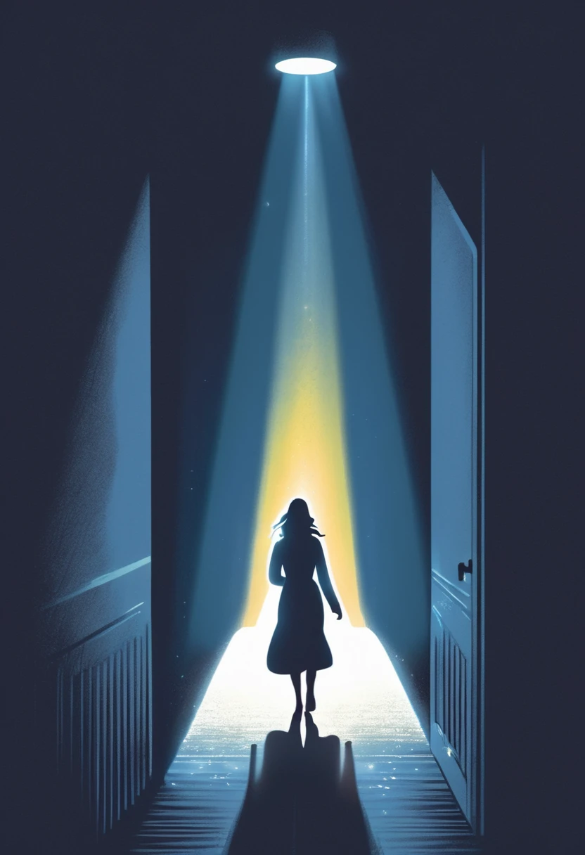 illustration of a woman walking in a dark room towards a bright light. describes someone who is depressed and looking for hope.