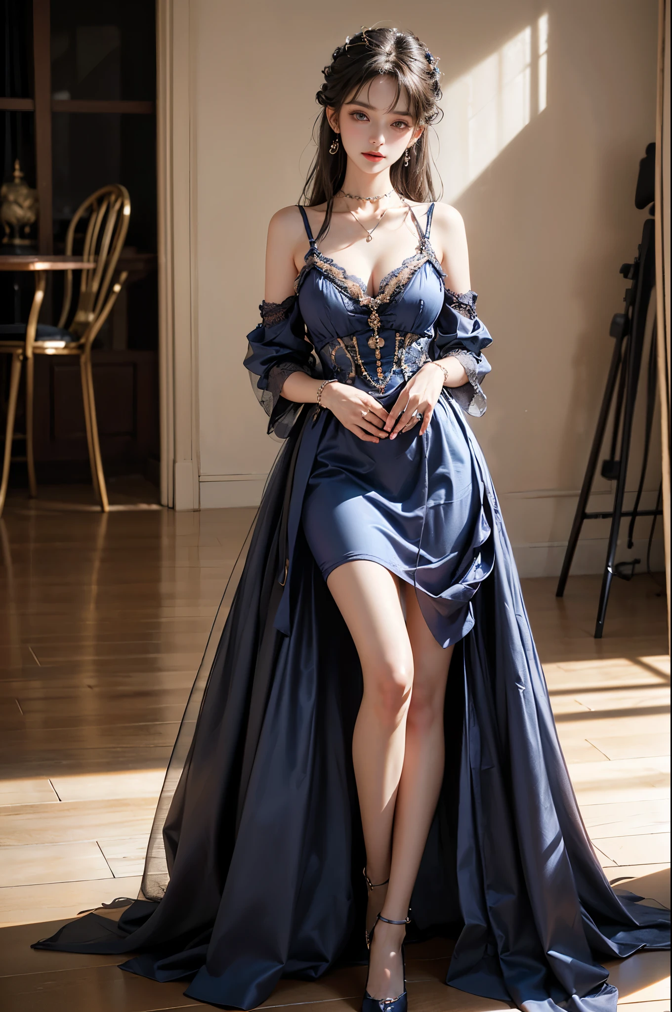 bjyx \(nice with you\)
blue dress ((1 girl, Elegant posture)), Natural leg proportions, Visible cleavage, masterpiece, ((Sexy long legs, Very beautiful legs)), (best quality, 4K, 8K, high resolution, masterpiece:1.2), Extremely detailed, (Practical, photoPractical, photo-Practical:1.37), Official Art, CG, Anatomically correct, Random Scenes, Random shooting angle, Movie, photography, Intricate background, Soft lighting, Subtle shadows, Vibrant colors, Expressive eyes, Beautiful, high class boutique, Ambience, A moment of honesty, Natural expression, Detailed texture, Fine details, Refined and elegant, Exquisite style, Artistic Composition, Beautifully presented.