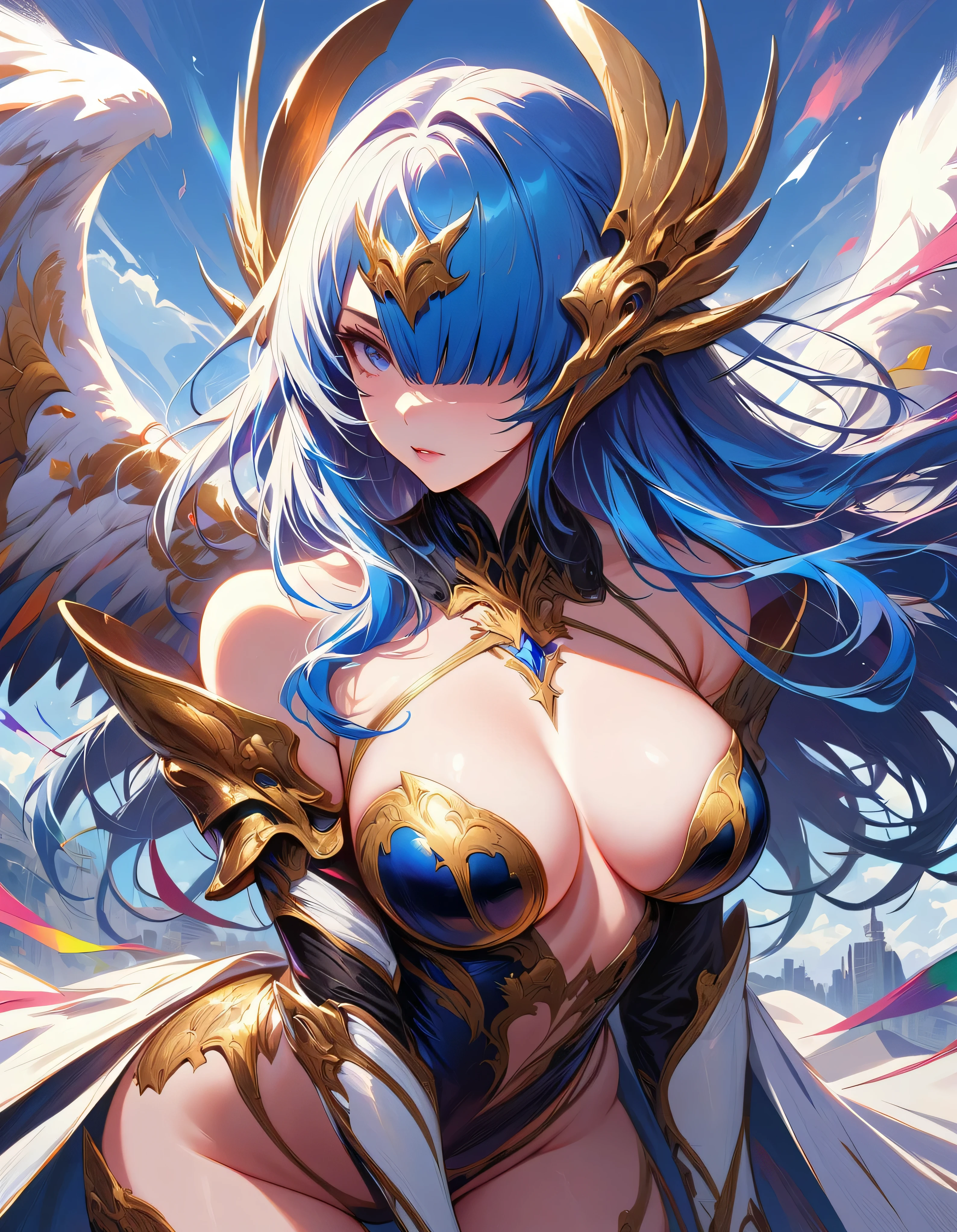 NSFW,((masterpiece,Highest quality,4K)),score_9, score_8_upper, score_7_upper,アニメ, アニメ,Rainbow Hair,Wearing a black and gold dress,アニメの女の子、Blue background, krenz cushart and ArtJam, 美しく魅力的なアニメの女性, ArtJam style, Yoshika Amano Karol Baq, ArtJam detailed, style ivan talavera and ArtJam, Beautiful cartoon art, ArtJam. Attention to detail, ArtJam comic
