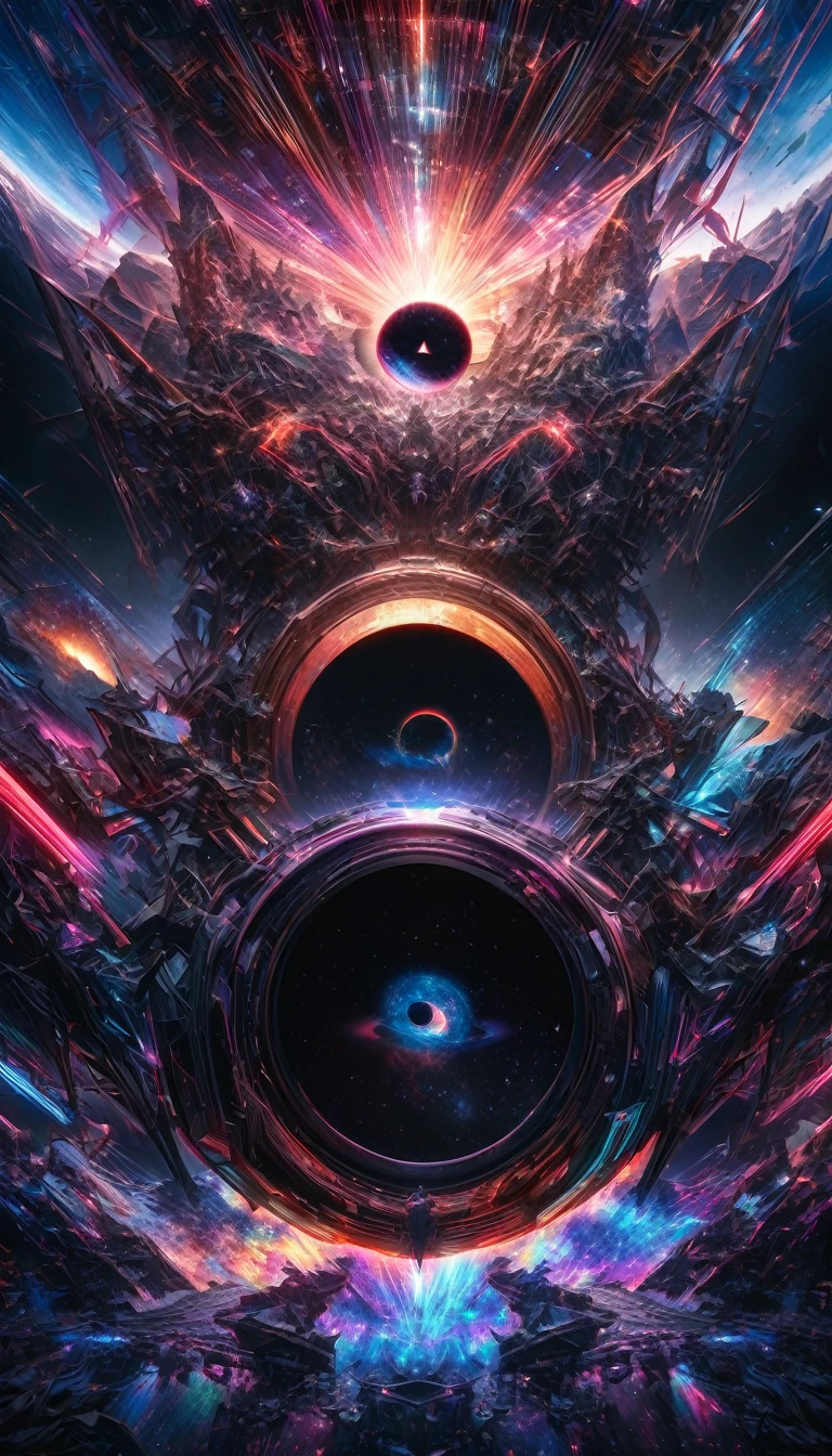 conceptual installation fantasy art, vertically stacked kaleidoscopes, holograms, neon line art, prisms, background galaxy, black-hole, shading effects, gradation magic effects, (ultra detailed, absolutely resolution, best quality:1.3), 2.5D, delicate and dynamic, artistic photography, hyper realistic, graphic CG digital art