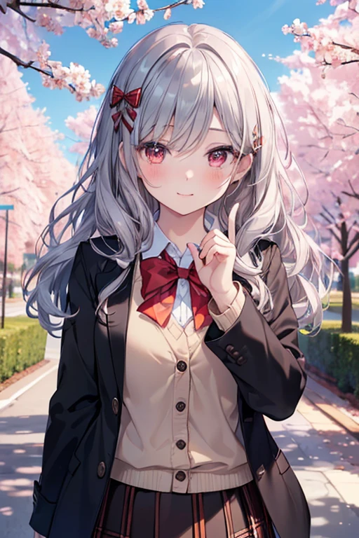 ((masterpiece, highest quality, High resolution, UHD, perfect pixel, Depth of bounds written, 4K, rtx, HDR))), 1 girl, single, alone, beautiful anime girl, beautiful art style, anime character, ((long hair, bangs, dark silver hair, curly hair:0.4, Simple hairpin)), ((red eyes:1.4, round eyes, beautiful eyelashes, realistic eyes)), ((detailed face, blush:1.2)), ((smooth texture:0.75, realistic texture:0.65, realistic:1.1, Anime CG style)), medium breasts, ((dynamic angle, throw, close)), perfect body, ((red bow tie, school uniform, black jacket, open jacket, Brown cardigan, white shirt, black skirt, plaid skirt)), smile, amusement park, put your hands behind your back, leaning forward, cherry blossoms
