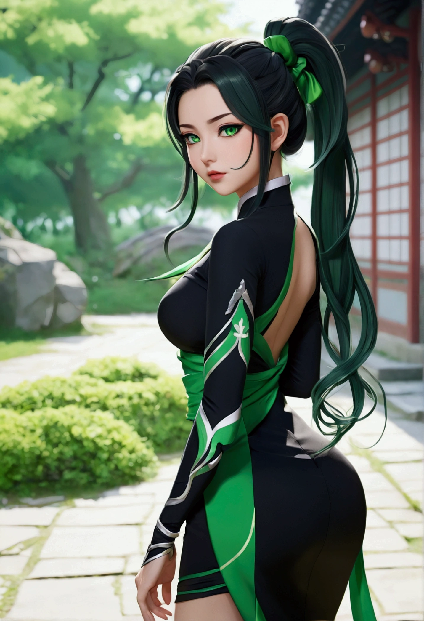 Xianyun (of the game: genshin impact), 1 woman, sideways walking through liyue, wearing her dress mixed between black and green revealing tight fitting elegant, Whole body (curved), long hair tied in a black and green ponytail, fine and delicate and beautiful face, green eyes, thin lips with green lipstick, style h anime
