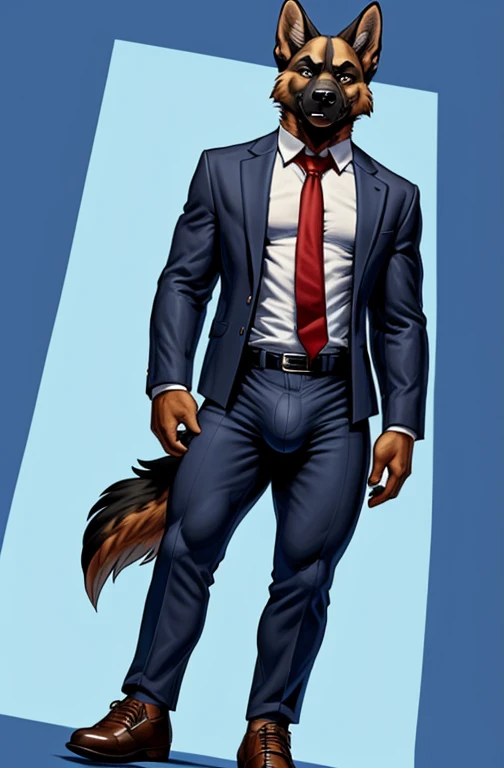 solo, male, brown and dark brown german shepherd, toned body, (dark gray jacket suit with red necktie, tight pants, thick bulge, brown shoes), (massive bulge), (Full Body Focus), head to thighs, angry expression, looking at viewer, high detailed, masterpiece, dark blue background, by Meesh